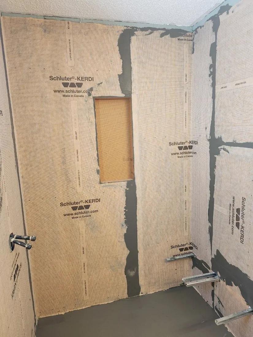 Shower waterproofing membrane installed before tiling by BBJ Flooring Corp